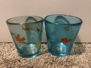Anthropologie Icon Fish Hand Blown Glasses Heavy Thick Set of 2 Blue